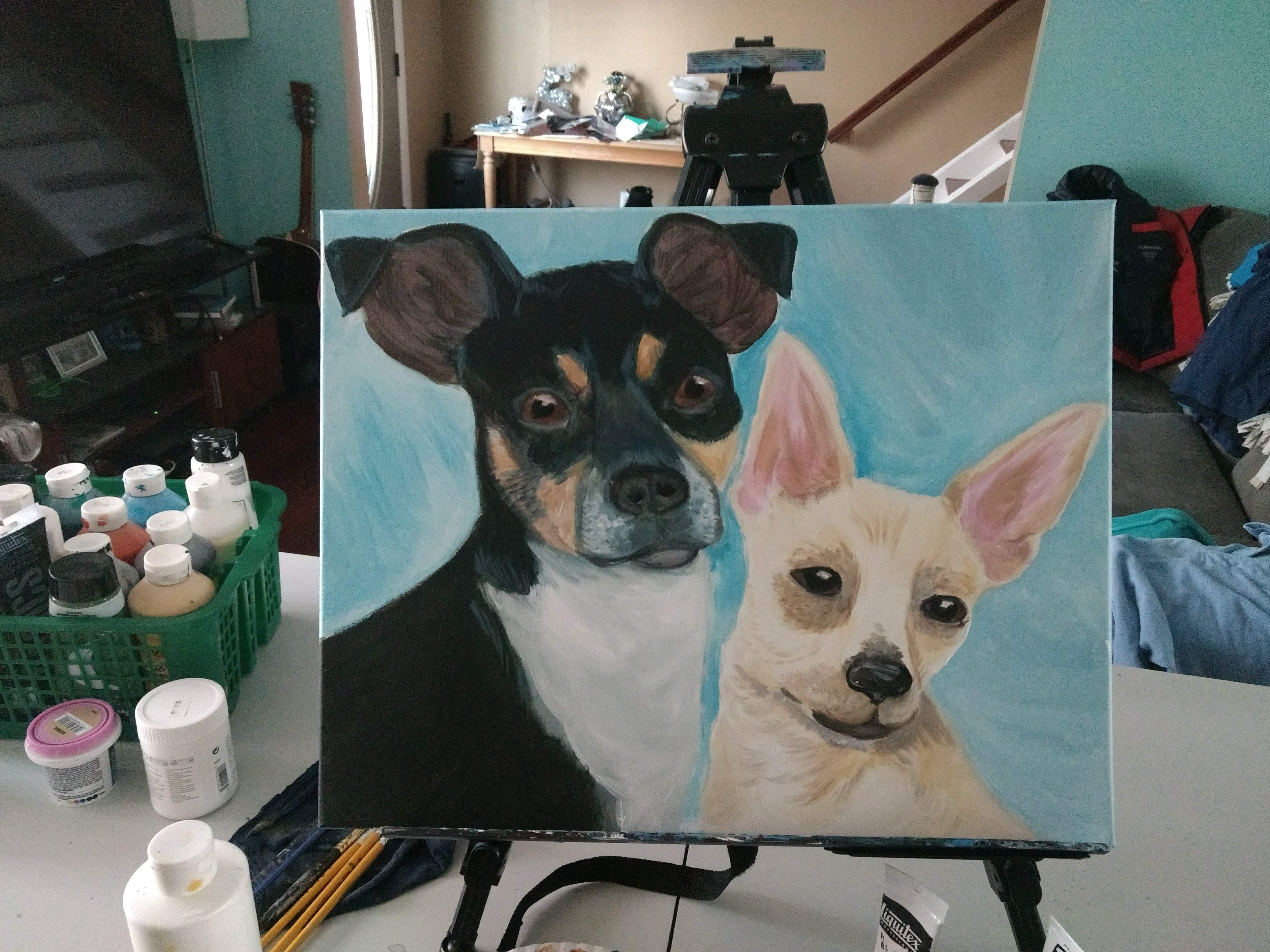 Pet portrait commission artwork on display